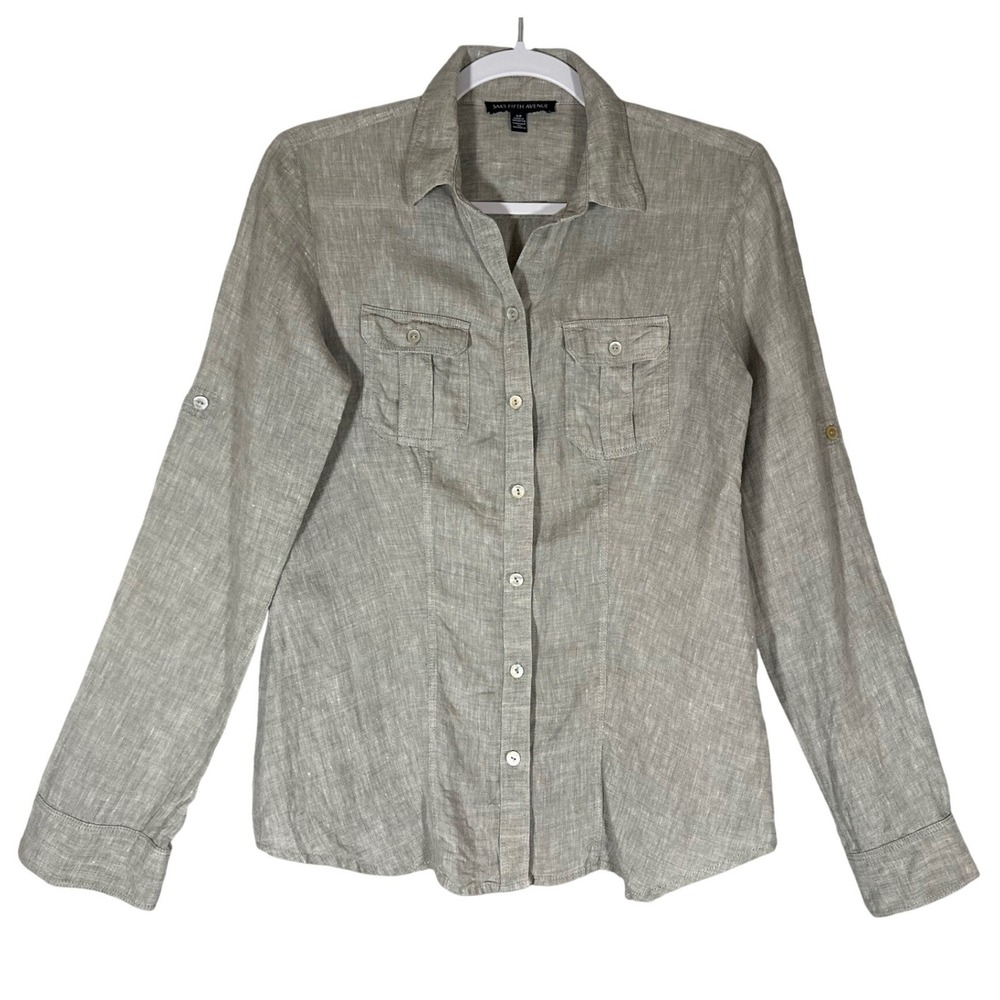 SAKS FIFTH AVENUE 100% Linen Button Down Roll Tab Shirt Sz S Grey Capsule Luxury